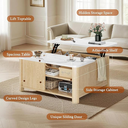 Lift Top Coffee Table with Storage, 31.5" Mid Century Modern Square Coffee Tables for Living Room, Large Hidden Storage Compartment, Adjustable Shelves & Sliding Door, Oak