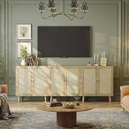 Huuger Buffet Cabinet with Storage, Storage Cabinet with PE Rattan Decor Doors, Accent Sideboard Buffet with Solid Wood Feet, for Hallway, Entry, Living Room, Natural