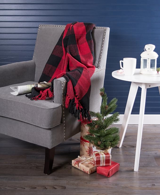 DII Buffalo Check Collection Rustic Farmhouse Throw Blanket with Tassles, 50x60, Tango Red/Black (Pack of 2)