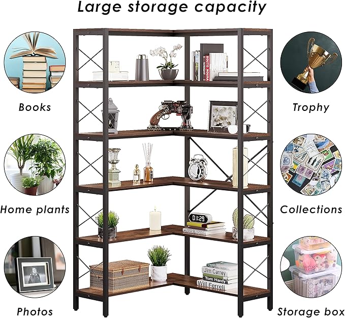 Wildhome 6-Shelf Corner Bookshelf, Vintage Industrial CornerBookshelf Etagere Bookcase, Large Book Shelf with Metal Frame Open Storage Corner Cabinet for Living Room Home Office（Retro Brown）
