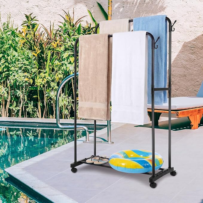 57" H Pool Towel Rack with Wheels for Outdoor 2-Tier Free Standing Towel Drying Rack Metal Heavy Duty Bathroom Pool Accessory Blanket Ladder Storage for Outdoor Spa Bathroom