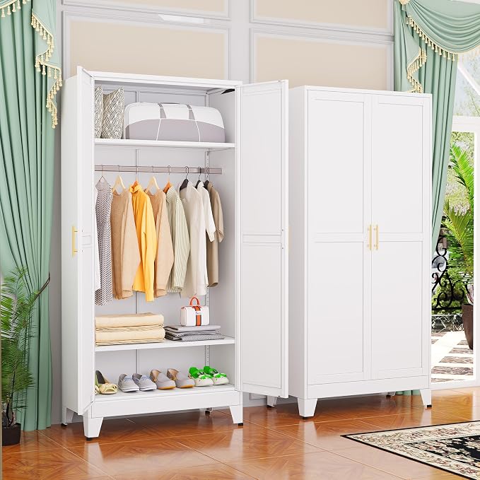 GAIOUS Metal Wardrobe Cabinet with Hanging Rod, Clothing Storage Cabinets | with 2 Doors and Adjustable Shelves, 71" Metal White Armoire Wardrobe Closet for Bedroom, Laundry Room, Cloak Room
