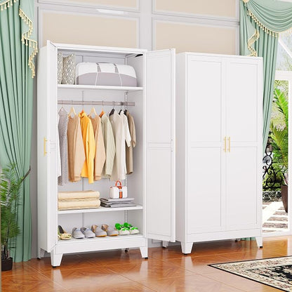 GAIOUS Metal Wardrobe Cabinet with Hanging Rod, Clothing Storage Cabinets | with 2 Doors and Adjustable Shelves, 71" Metal White Armoire Wardrobe Closet for Bedroom, Laundry Room, Cloak Room