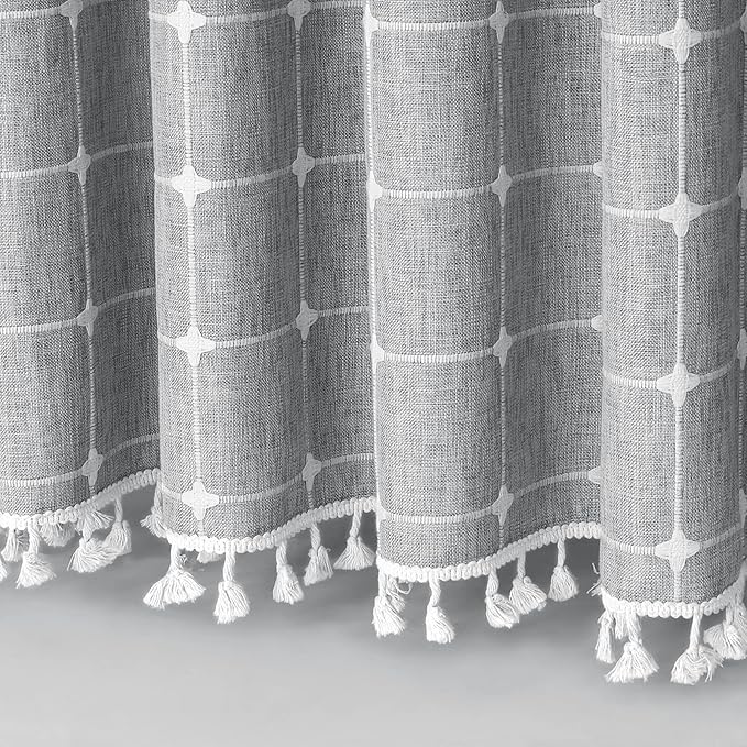 MitoVilla Boho Farmhouse Shower Curtain Set 72 x 78, Tan Brown 78 inch Long Polyester Linen Tassel Fabric Shower Curtain Set for Chic Cottagecore French Rustic Bathroom Decor