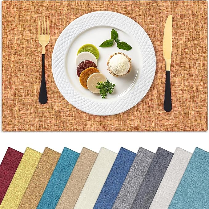 Homaxy Cloths Placemats for Dining Table Set of 4, Heat Resistant Washable Cotton Linen Blend Table Mats, Easy to Clean Place Mats for Indoor Outdoor Party Kitchen Decoration, 13" x 19", Orange