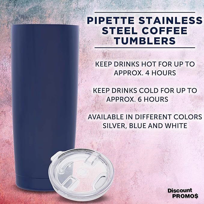 DISCOUNT PROMOS Pipette Stainless Steel Coffee Tumblers 20 oz. Set of 6, Bulk Pack - Double Wall, Perfect for Coffee, Hot Cocoa, Other Hot & Cold Beverages - Blue
