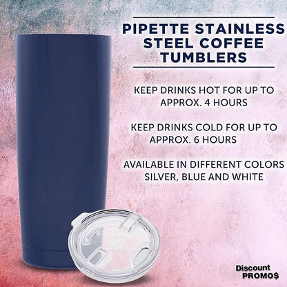 DISCOUNT PROMOS Pipette Stainless Steel Coffee Tumblers 20 oz. Set of 6, Bulk Pack - Double Wall, Perfect for Coffee, Hot Cocoa, Other Hot & Cold Beverages - Blue