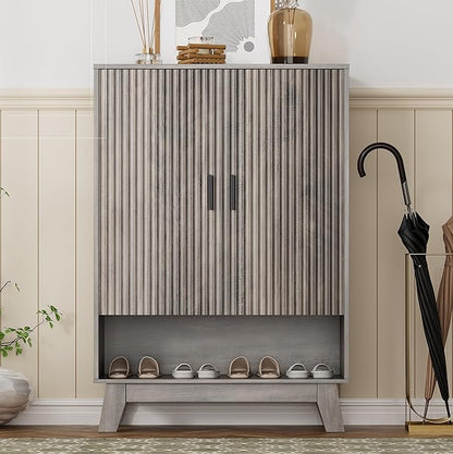 Shoe Cabinet Storage for Entryway, 5 Tier Fluted Shoe Storage Cabinet with Wooden Legs, Narrow Hidden Shoe Organizer with Adjustable Shelves, Freestanding Shoe Rack for Entryway, Hallway, Grey