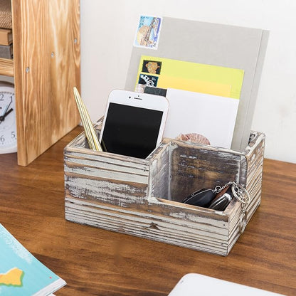 MyGift TV Remote Control Holder, Wood Desktop Office Stationery Organizer Tray with 3 Compartment, Multipuprose Caddy Organizer and Media Storage, Rustic Torched