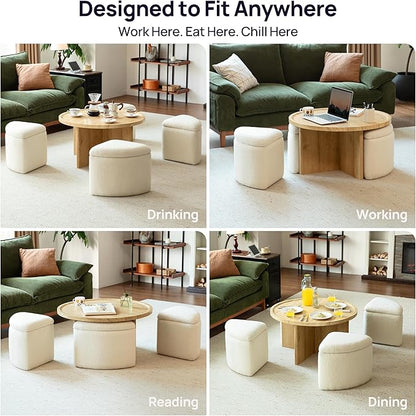 Round Coffee Table with Stools Underneath, Wood Ottoman Coffee Tables with 4 Boucle Storage Ottomans & Seats, Mid-Century Modern Coffee Table with Chairs for Living Room, Small Space, Natural&White