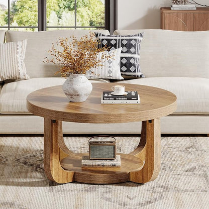 Tribesigns Round Coffee Table, 2-Tier Circle Coffee Table with Storage, Modern Wooden Accent Center Table for Living Room, Thick Tabletop & Base (Rustic Brown)