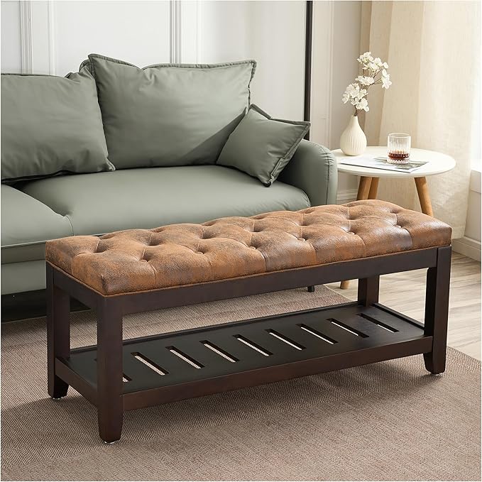 44" Ottoman Bench, Upholstered End of Bed Bench, Oversized Footrest with Wood Shelf torage Storage Bench for Bedroom, Entryway, Living Room, Light Brown(Suede)