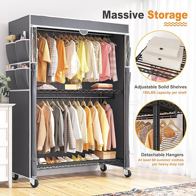 Raybee Rolling Clothes Rack with Cover, 81" H Heavy Duty Clothing Rack with Adjustable Shelves, Portable Wardrobe Closet with Visible Window, Double Rod Garment Rack on Wheels, Max Load 440LBS, Black