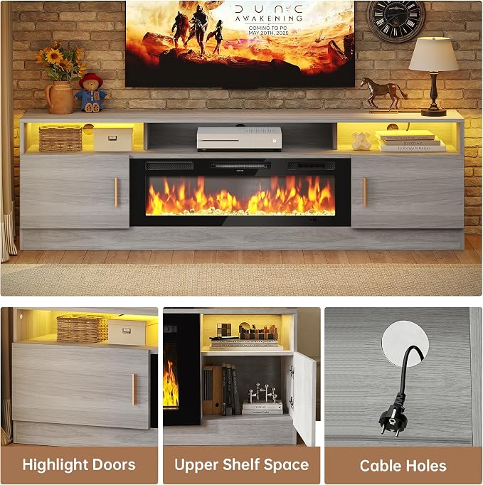 MXV 70" Fireplace TV Stand with Power Outlet for TVs UP to 80", Electric Fireplace Entertainment Center with LED Lights & Storage Cabinets, TV Console for Living Room, Office, Grey-Black