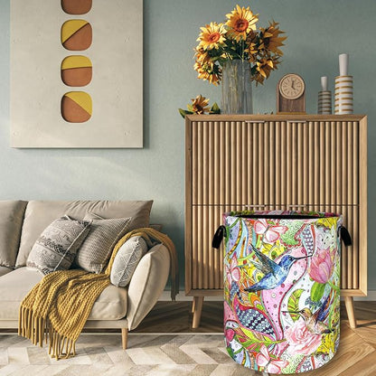 Boho Hummingbird Laundry Basket Pink Flowers Floral Laundry Hamper Foldable Oxford Cloth Birds Colorful Tote Bag Clothes Toy Storage Bucket For Bathroom/Laundry Storage/Bedroom 18.9 x 16.5 Inch