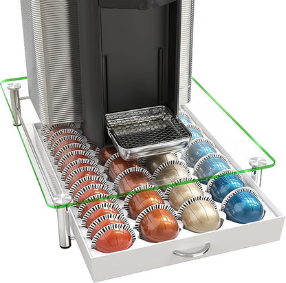 DecoBrothers Crystal Tempered Glass Vertuo Pod Holder Drawer, 28 Large or 56 Small Nespresso Capsule Organizer, White