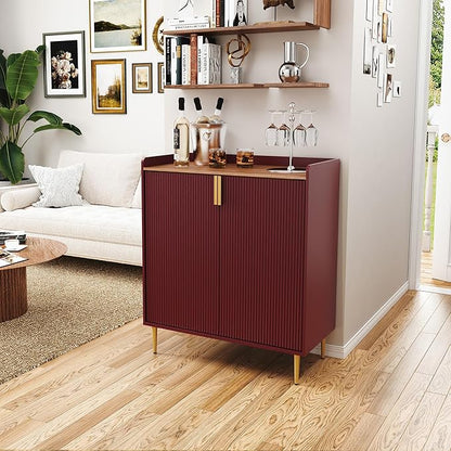 ARTPOWER Coffee Bar Cabinet with Wine Racks, Red Liquor Cabinet with Fluted Texture, Modern Sideboard Buffet Cabinet for Kitchen Dining Room, Living Room