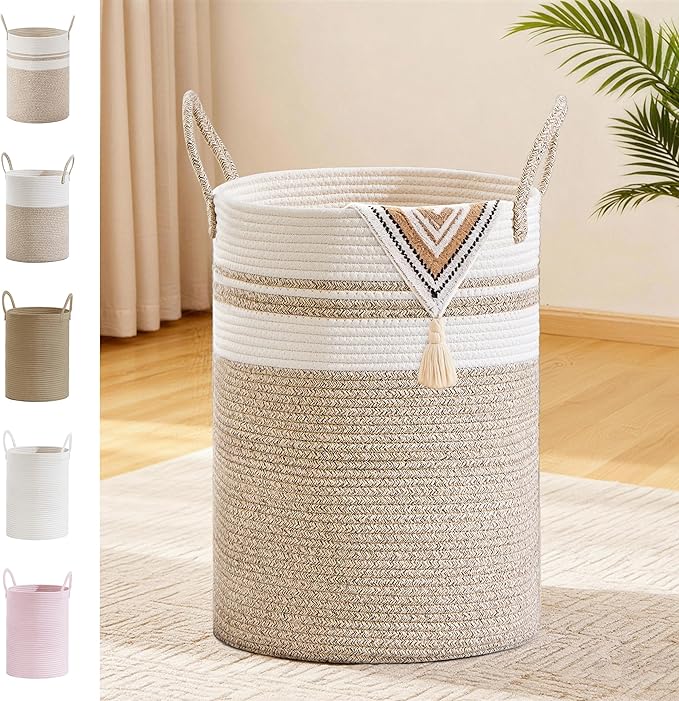 SunNewt Tall Laundry Basket with Handles, 100L Portable Dirty Clothes Hamper, Boho Cotton Rope Storage Bin for Blankets Kids Toys Gifts, Extra Large Organizer for Nursery Bedroom Bathroom, New Brown