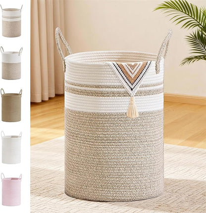 SunNewt Tall Laundry Basket with Handles, 100L Portable Dirty Clothes Hamper, Boho Cotton Rope Storage Bin for Blankets Kids Toys Gifts, Extra Large Organizer for Nursery Bedroom Bathroom, New Brown
