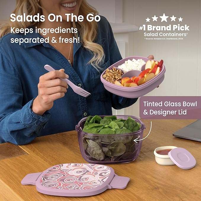 Bentgo Glass Prints Salad Container - 7.6-Cup Tinted Glass Salad Bowl with Airtight Lid, Leak-Proof Sauce Container, 4-Compartment Bento Meal Prep Tray & Reusable Fork (Floral Maximalist - Bouquet)