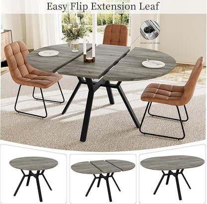 Extendable Round Dining Table Set for 6 People, 43.3"-59.1" Extendable Kitchen Table with 6 Upholstered Chairs, Space Saving for Kitchen Dining Room (Grey Table+6 U-Shaped Brown Chairs)