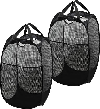 Simple Houseware Mesh Pop-Up Laundry Hamper Basket with Side Pocket, Black - 2 Pack