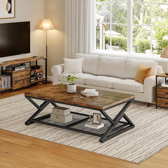 EnHomee Rustic Coffee Table with Storage, Farmhouse Coffee Table with Mesh Shelf, 2 Tier Rectangular Center Table for Living Room, Home Office, 47.2 Inch, Rustic Brown