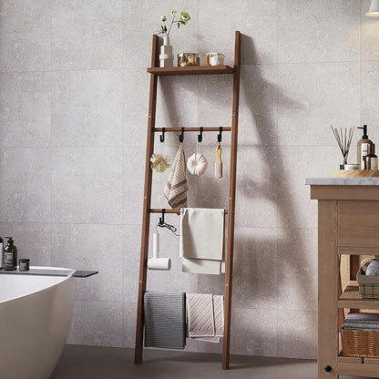 63" Bamboo Blanket Ladder with Shelf and 5 Hooks, 4 Tier Leaning Blanket Rack, Farmhouse Towel Ladder Rack, Decorative Quilt Rack Holder for Living Room Bedroom Bathroom, Walnut