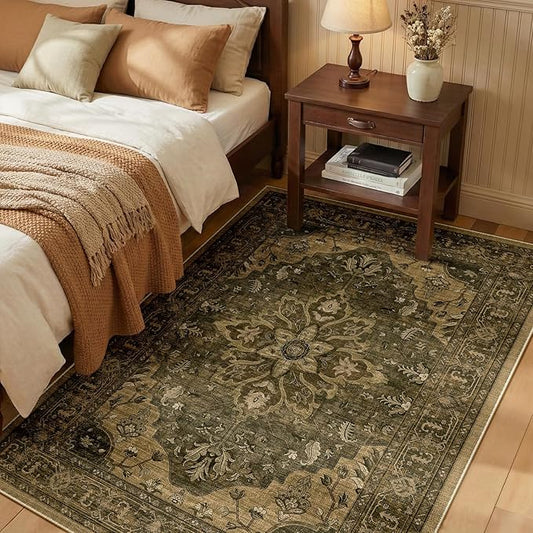 RELEANY Area Rugs 3'x5' Washable Non-Slip, Floral Vintage Distress Medallion Carpet for Living Room Bedroom Dining Room, Brown Dark Brown