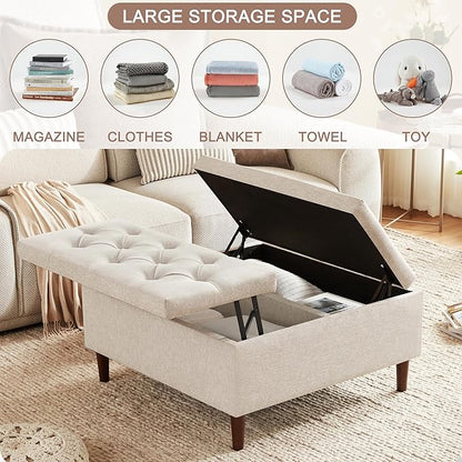 Weture 35 Inch Extra Large Storage Ottoman Coffee Table, No Assembly Required, Oversized Square Ottoman with Storage, Tufted Upholstered Ottomans Coffee Table for Living Room (Fabric, Beige)