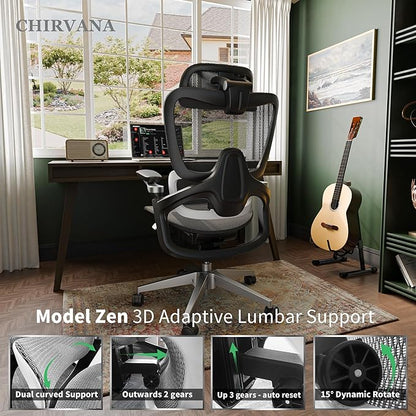 Ergonomic Office Chair with Adjustable 3D Lumbar Support, Big and Tall Mesh Home Desk Chair 5D Armrests, Executive Chair with 4D Headrest, 90-130°Tilt, BIFMA Certified, Model Zen (Grey)