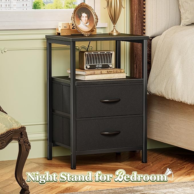 Huuger Night Stand with 2 Drawers, Bed Side Table with Open Shelf, Wooden Top, Nightstand for Bedroom, End Table for Small Space, Fabric Drawer, Black