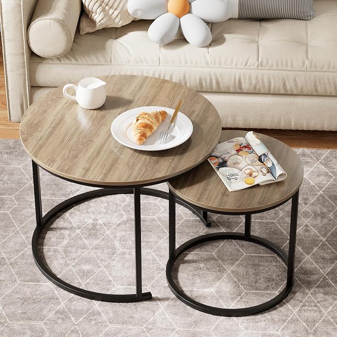Garden 4 you Nesting Coffee Table, 23.6" Round Coffee Table Set of 2, Wooden Nesting Table Set with Metal Frame, Side Tables for Living Room Bedroom Balcony, Brown