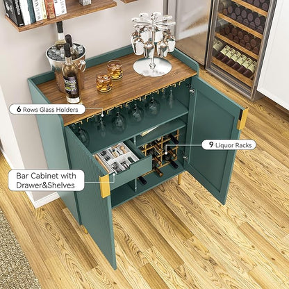 ARTPOWER Coffee Bar Cabinet with Wine Racks, Green Liquor Cabinet with Fluted Texture, Modern Sideboard Buffet Cabinet for Kitchen Dining Room, Living Room