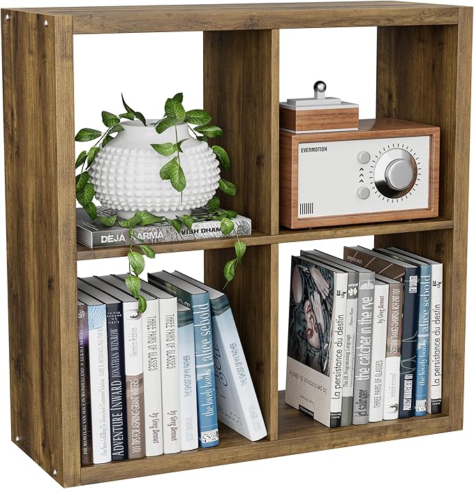 Cube Storage Organizer Bookcase, Decorative 11 inch Open Back Cubical Shelf with Thickened Border, Display Bookshelf for Living Room, Home Office, Sturdy Room (Brown, 4 Cube)