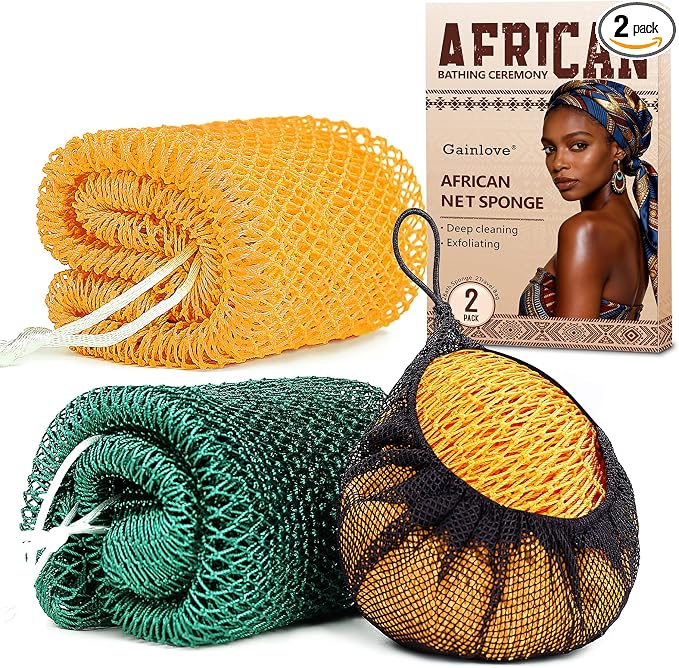 2 Pack African Net Sponge Exfoliating Body Scrubber Bath Sponge for Daily Use (Yellow + Dark Green)