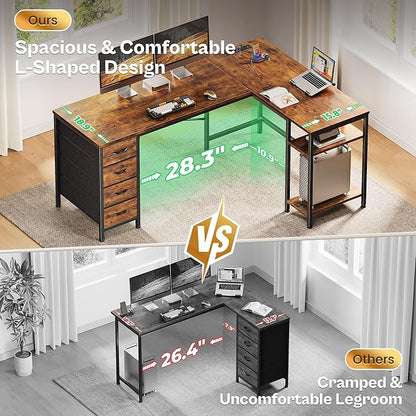 Huuger 55 Inch L Shaped Desk with Fabric Drawers, Reversible Computer Gaming Desk with Power Outlets and USB-C Port, Adjustable Side Storage Shelves, for Work Study Corner Home Office, Rustic Brown