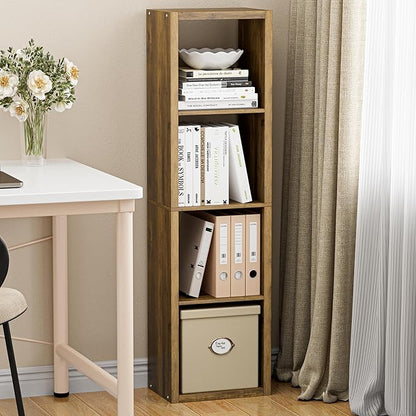 Cube Storage Organizer Bookcase, Small 4 Tier 11 inch Open Back Cubical Shelf with Thickened Border, Display Bookshelf for Living Room, Home Office, Sturdy Room (Brown, 4 Cube,Vertical)