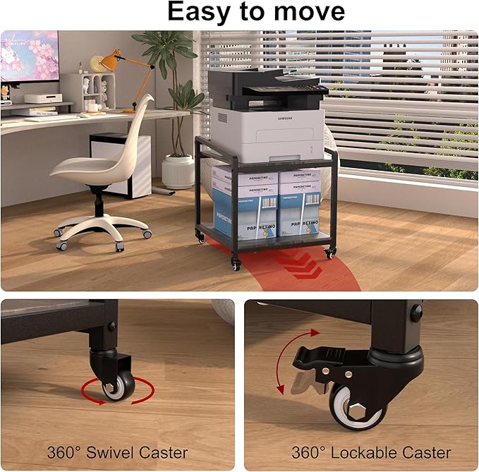 TRUSOON Mobile Printer Stand with Lockable Wheels, 2 Tier Rolling Printer Cart Under Desk with Adjustable Shelf, 23" Hight, Holds up to 200lbs for Home & Office, Rustic Brown
