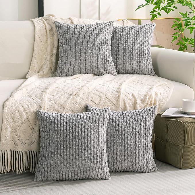 Set of 4 Grey Decorative Throw Pillow Covers 24x24 Inch Corduroy Pillow Covers for Bed Couch Sofa Living Room Soft Square Cushion Cases