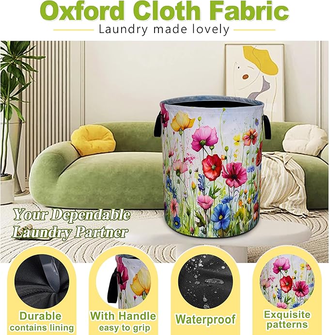 Colorful Flowers Laundry Basket Boho Floral Print Foldable Waterproof Oxford Cloth Funny Tote Bag Laundry Hamper Clothes Storage Bucket Toy Organizer For Bathroom/Laundry Storage/Bedroom 18.9x16.5 In