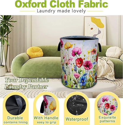 Colorful Flowers Laundry Basket Boho Floral Print Foldable Waterproof Oxford Cloth Funny Tote Bag Laundry Hamper Clothes Storage Bucket Toy Organizer For Bathroom/Laundry Storage/Bedroom 18.9x16.5 In