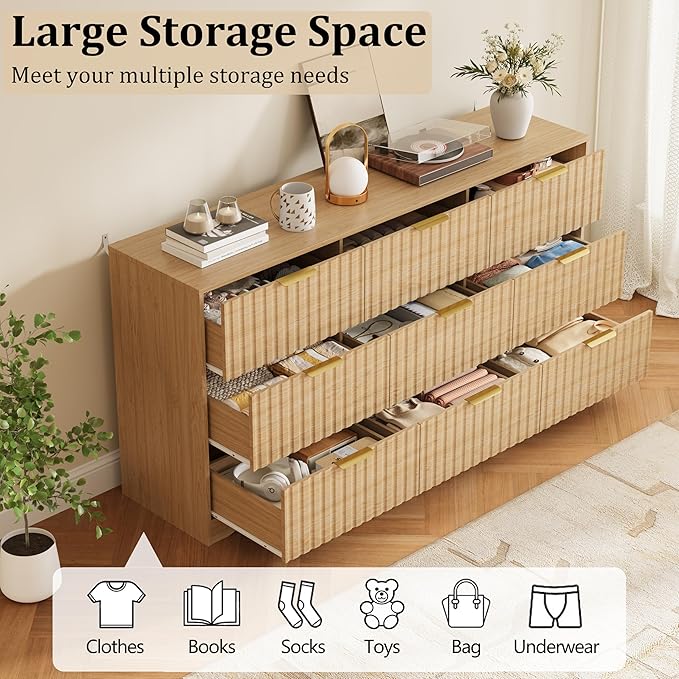 Fluted 9 Drawers Dresser for Bedroom, 63" Wide Wood Dressers Chest of Drawers with Metal Handle, Long Mid Century Modern Dresser TV Stand Storage Organizer for Living Room, Natural Oak