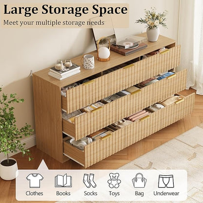 Fluted 9 Drawers Dresser for Bedroom, 63" Wide Wood Dressers Chest of Drawers with Metal Handle, Long Mid Century Modern Dresser TV Stand Storage Organizer for Living Room, Natural Oak