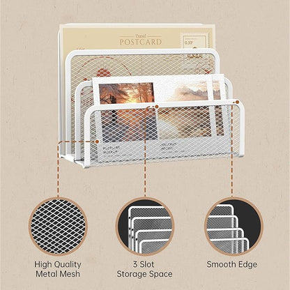 SUPEASY Mail Organizer for Desk, Mesh Metal Mail Holder Countertop with 3-Slot, Letter Sorter File Holder, Office Envelope Organizer for Mails (White)