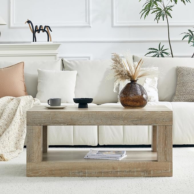 LKTART 39.37" Coffee Table with Storage, 2-Tier Mid Century Rectangular Accent Table with Thick Tabletop, Rustic Style Cocktail, Center Table for Living Room, Office, Apartment (Antique Natural)
