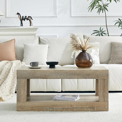 LKTART 39.37" Coffee Table with Storage, 2-Tier Mid Century Rectangular Accent Table with Thick Tabletop, Rustic Style Cocktail, Center Table for Living Room, Office, Apartment (Antique Natural)