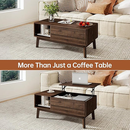 Fluted Lift Top Coffee Table with Storage Shelf and Hidden Compartment, Mid Century Modern Wooden Center Table for Living Room, Home Office, Walnut