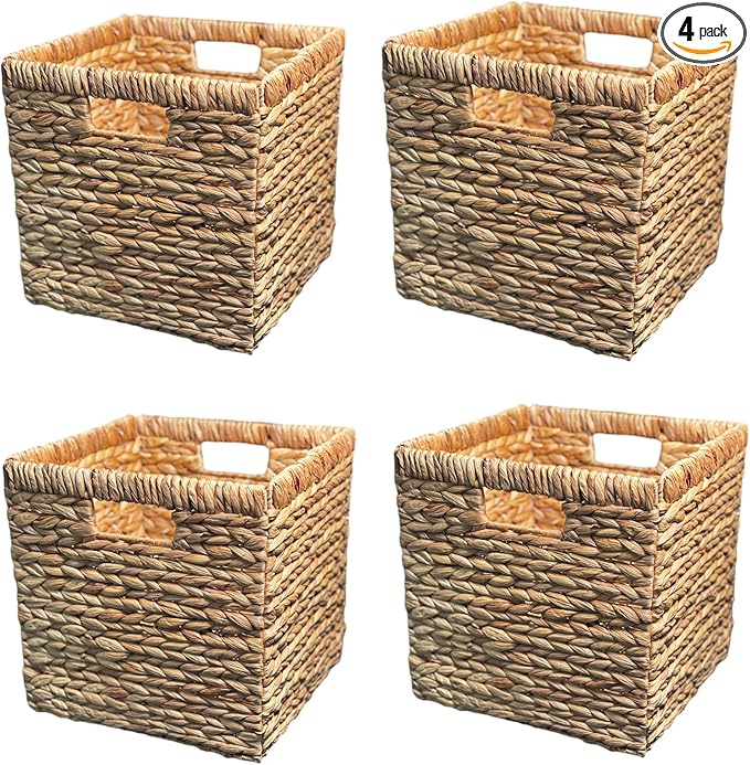 Wicker Storage Cubes 12x12 Set of 4, Heavy Duty Hyacinth Storage Baskets, Baskets for Organizing, Storage Woven Basket, Collapsible Storage Cubes, Rattan Basket, Ikea Kallax Inserts (Water Hyacinth)