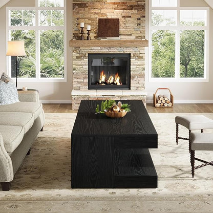 Tribesigns Coffee Table for Living Room, 47.24 Inch Farmhouse 2-Tier Accent Center Tea Cocktail Table with Storage, Rectangle, Black